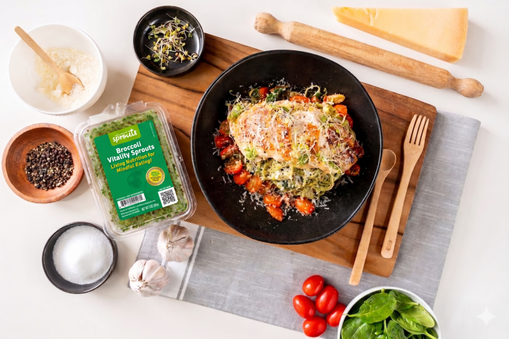 A Plate of Sprout Pesto Chicken Pasta
